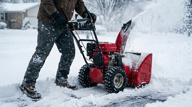 Snowblower photo, man clearing snow with red snow blower machine outdoors in winter