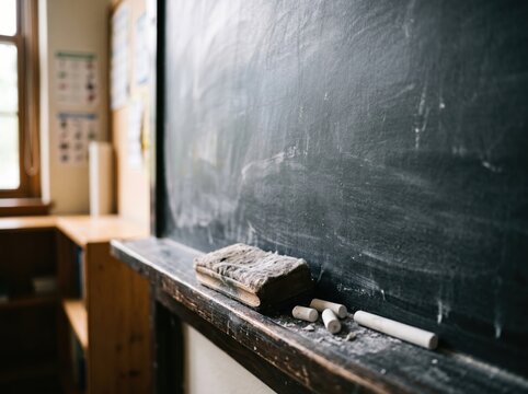 Vintage chalkboard with old eraser and dusty wooden ledge in dim classroom
