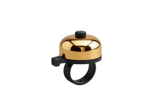 Golden bicycle bell with black clamp on transparent background