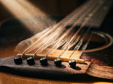 Close-up of acoustic guitar strings and fretboard in warm lighting