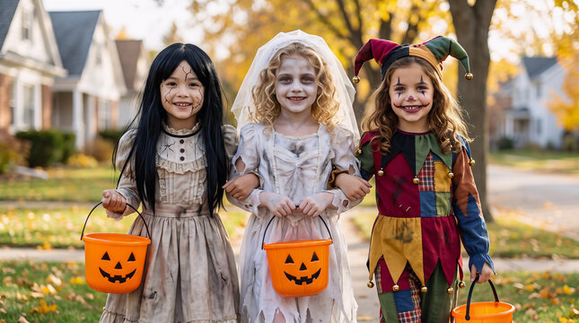 Three girls in doll, bride and jester costumes carrying pumpkin buckets while trick or treating in an autumn suburban neighborhood