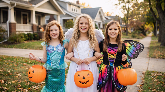 Three girls in mermaid, angel and butterfly costumes carrying pumpkin buckets while trick or treating in an autumn suburban neighborhood