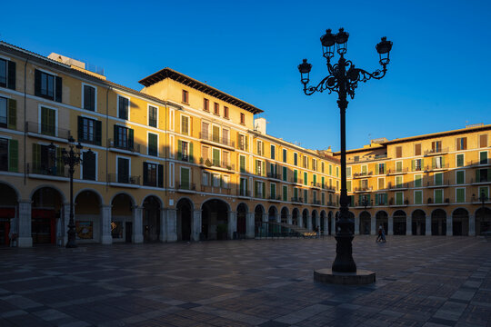 Pla&ccedil;a major square at Sunrise in palma de Mallorca, Spain