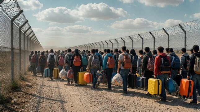 Large group of refugees with luggage walks along border fence. People carrying backpacks and suitcases hope for safety and better life. They seek shelter and new beginnings.