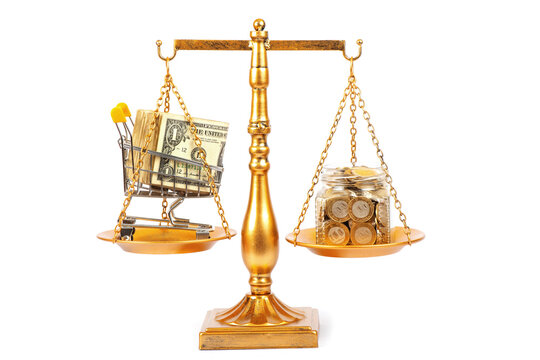 A glass jar containing 100 Kazakhstani tenge coins and a stack of US 1 dollar bills, placed on the pans of a golden balance scale.