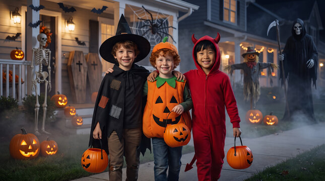 Three boys in witch, pumpkin and devil costumes carrying pumpkin buckets while trick or treating outside a spooky Halloween house at night