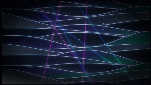 Dynamic abstract background featuring glowing wavy lines in cool blue, purple, and teal tones with bright intersecting light trails and shimmering particles against a dark backdrop, creating a futu...