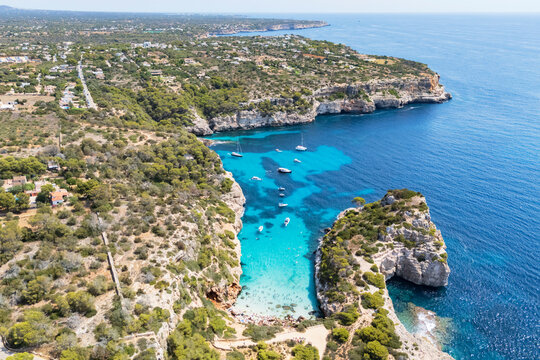 Aerial view of Cal&oacute; del Moro cove and coastline in Mallorca Spain