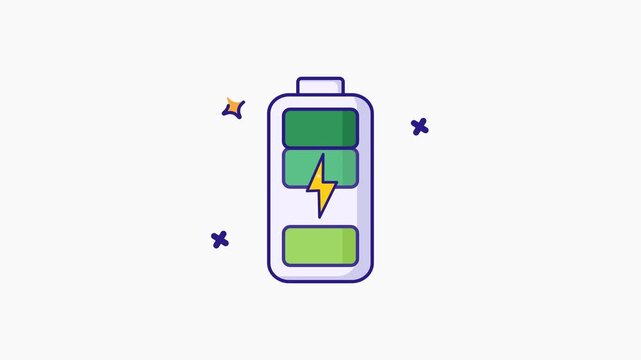 Full battery charging icon with lightning bolt symbol in flat line vector style on white background, 4K video animation.