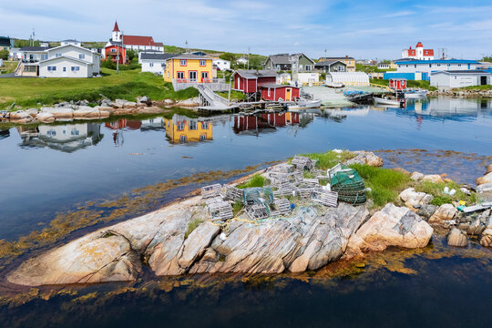 Fishing harbor with lobster traps and coastal houses in greenspond