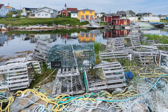 Fishing harbour with lobster traps and boats in greenspond