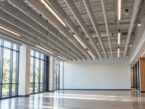 Modern interior hall with geometric acoustic ceiling baffles