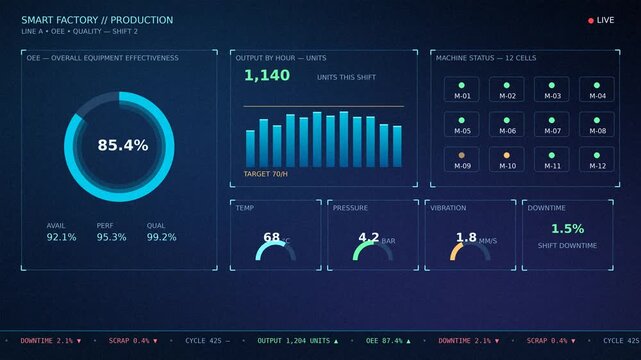 Animated smart factory dashboard with OEE gauge, production charts and machine status grid