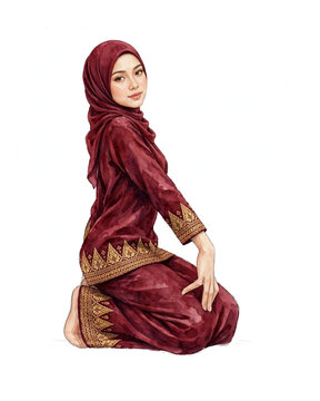 Malay Woman in Loose Baju Kurung Negeri Sembilan Hijab Kneeling