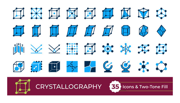 Set of 35 crystallography icons illustrating crystal structures and lattice systems