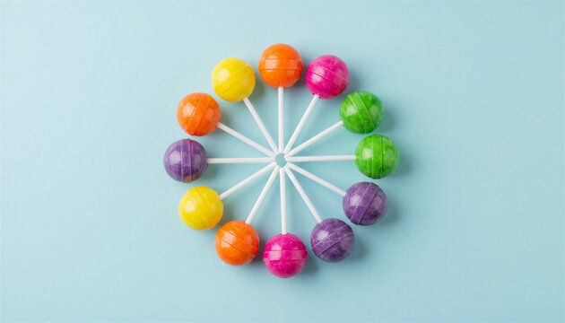 Colorful lollipops arranged in a circle on blue background