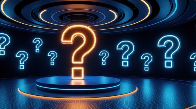 Glowing orange question mark stands on blue podium in futuristic studio. Neon blue symbols float on dark background with bright stage lighting. Concept for quiz show, mystery game trivia competition