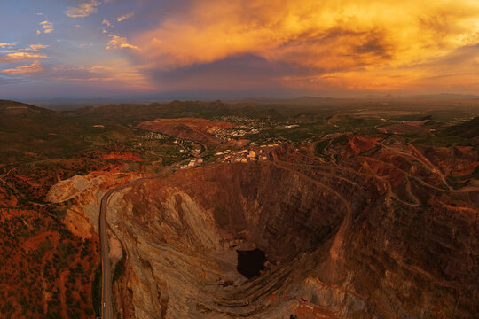 Bisbee copper mine open pit at dusk in arizona landscape