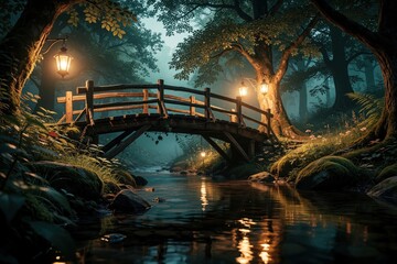 Obraz premium Wooden bridge crosses small stream in magical fairytale forest. Lanterns hang on old trees lighting misty path at night. Enchanted woodland landscape with calm water, greenery, mysterious atmosphere.
