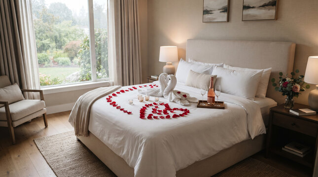 Romantic hotel room decorated with rose petals and swan towels