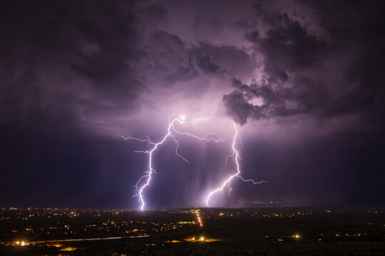 Lightning striking during storm over sierra vista Arizona at night
