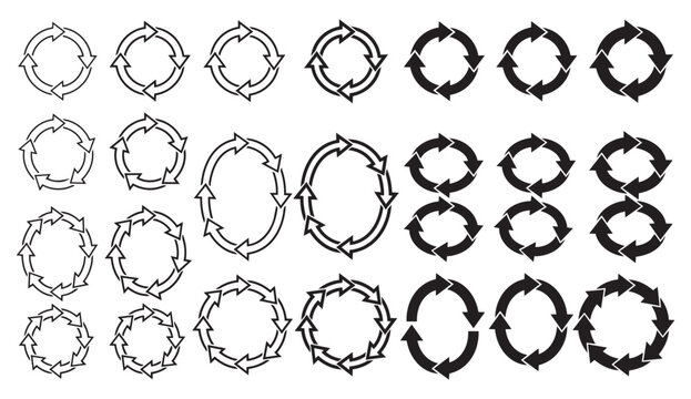 Varied circular arrow and icons in black and white with illustration collection circular rotation template information sequence direction