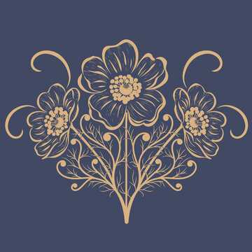 Gold Floral Stencil Bouquet with Scrolls on Slate Blue. Vintage botanical ornament with three flowers and delicate curling stems. Elegant vector illustration for stationery and invitations.