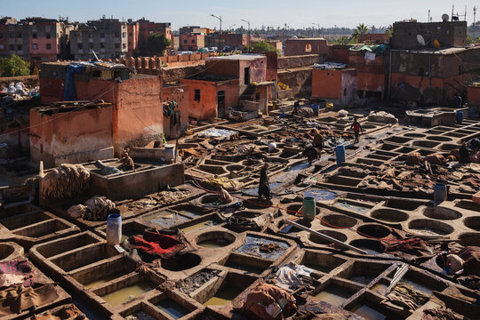Tannery with leather dyeing pits in marrakech Morocco
