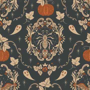 Halloween Spider Damask Pattern with Pumpkins and Ghosts. Vintage gothic seamless ornament with skulls and cobwebs on charcoal. Decorative vector illustration for wallpaper and textiles.