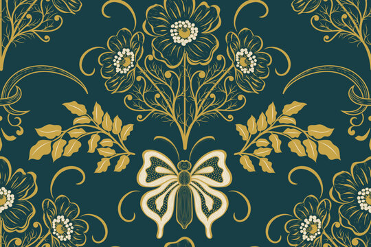 Gold Floral and Ribbon Bow Seamless Pattern on Dark Teal. Vintage botanical ornament with delicate leaves and curling stems. Elegant vector illustration for wallpaper, textiles and wrapping paper.