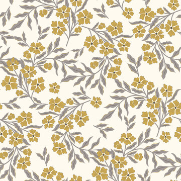 Mustard Yellow Floral Pattern with Gray Leaves on Cream. Vintage seamless botanical ornament with delicate branching sprigs. Decorative vector illustration for wallpaper, textiles and wrapping paper.