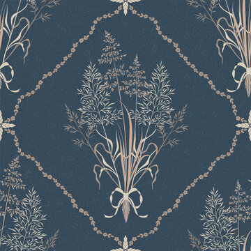 Botanical Grass Bouquet Pattern with Bows on Navy Blue. Vintage seamless ornament with delicate seed heads and floral trellis. Elegant vector illustration for wallpaper, textiles and wrapping paper.