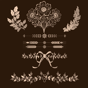 Vintage Floral Ornament Set with Ribbon Bow and Dividers. Classical botanical embellishments in sepia on dark brown. A vector illustration for wedding invitations, stationery and decorative borders.
