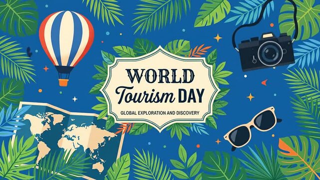 Animated travel background with tourism day lettering and vacation icons