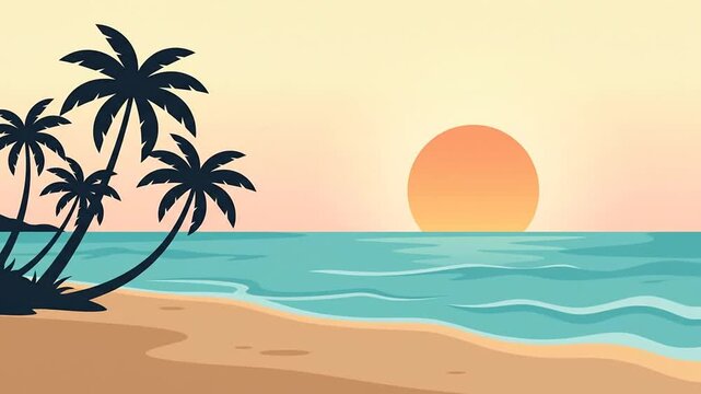 Animated tropical beach sunset with palm tree silhouettes and ocean waves