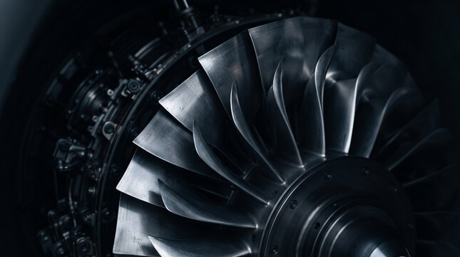 Polished titanium jet engine turbine blades curving geometrically in dark high-tech internal housing