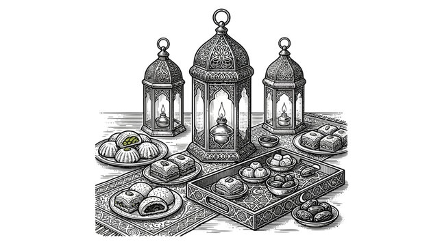 The Image Is A Black And White Illustration Of A Table Setting With Three