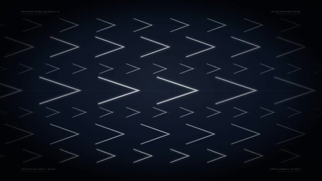 Seamless abstract animation of glowing white chevron arrows moving dynamically across a dark blue digital interface, symbolizing data flow, network connectivity, and technological progression in a...