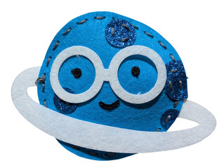 Cute handmade felt planet inspired by Saturn, with a blue spherical body, decorative ring and smiling face, designed as a playful educational space object isolated on transparent background  © Mariia
