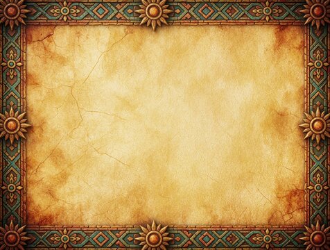 Ornate Mayan style parchment paper with ethnic border and blank background. Lightly aged yellow paper texture features retro African tribal motifs frame space for text.