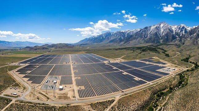 An expansive solar farm with rows of photovoltaic panels sits in a valley near mountains with panels installed desert