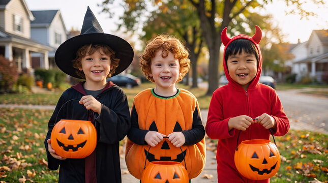 Three boys in witch, pumpkin and devil costumes carrying pumpkin buckets while trick or treating in an autumn suburban neighborhood