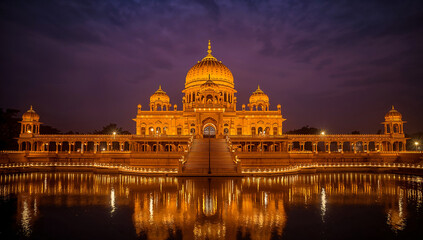 Fototapeta premium Grand illuminated temple structure reflected in calm water at dusk