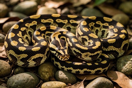 Borneo short tailed python snake coiled on forest floor among rocks and dry leaves. Reptile displays striking black and yellow patterned scales. This creature is a stunning example of wild nature.