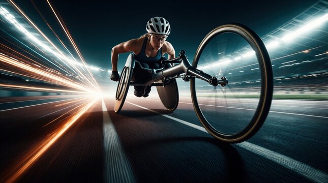Female athlete races in wheelchair on track at speed. Woman wears helmet and goggles, showing intense focus during competition. Motion blur adds dynamic energy.