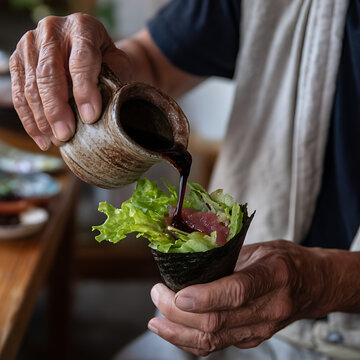 Chef Pouring Soy Sauce on Fresh Tuna Temaki Hand Roll Sushi