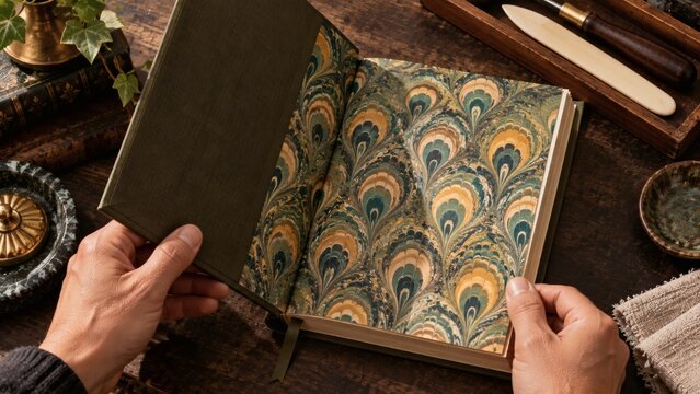 Opening Handcrafted Hardcover Journal Revealing Peacock Marbled Endpaper