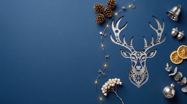 Silver reindeer silhouette with festive ornaments and pine cones on a deep blue background during winter