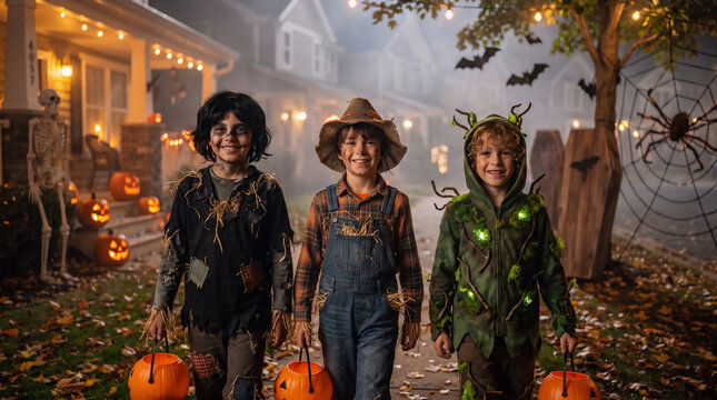 Three boys in scarecrow, farmer and goblin costumes carrying pumpkin buckets while trick or treating outside a haunted Halloween house at night