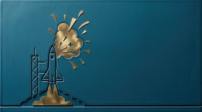 Space shuttle launching with golden smoke against a teal background concept